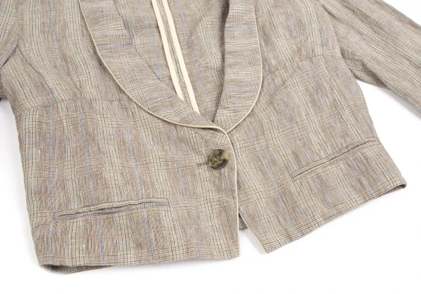 ケンゾーKENZO リネングレンチェックショールカラーショートジャケット モカ他36 K-122340_007