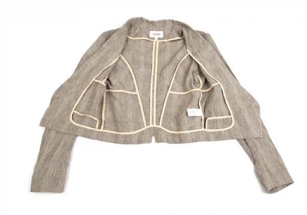 ケンゾーKENZO リネングレンチェックショールカラーショートジャケット モカ他36 K-122340_009