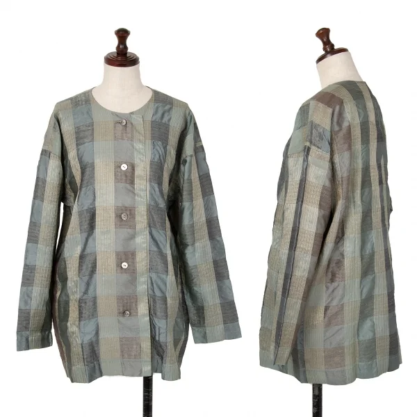 イッセイミヤケペルマネンテISSEY MIYAKEPERMANENTE シルクチェック織りノーカラーブラウス 緑M K-122456_001