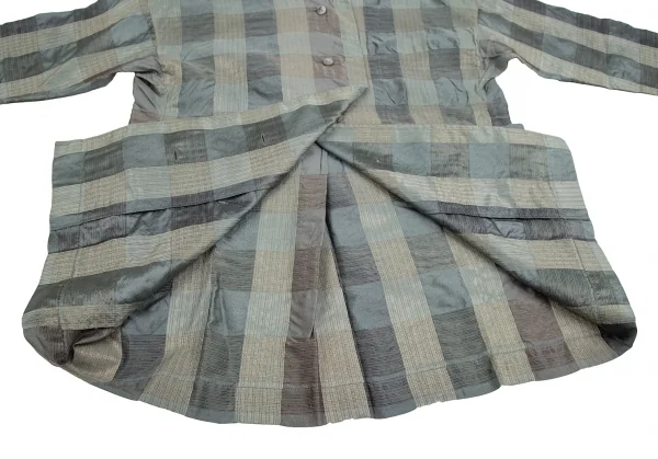 イッセイミヤケペルマネンテISSEY MIYAKEPERMANENTE シルクチェック織りノーカラーブラウス 緑M K-122456_012