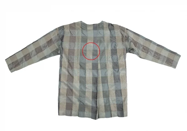 イッセイミヤケペルマネンテISSEY MIYAKEPERMANENTE シルクチェック織りノーカラーブラウス 緑M K-122456_013