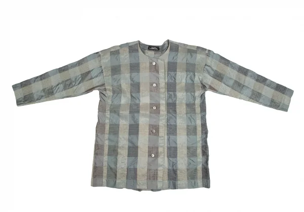 イッセイミヤケペルマネンテISSEY MIYAKEPERMANENTE シルクチェック織りノーカラーブラウス 緑M K-122456_002