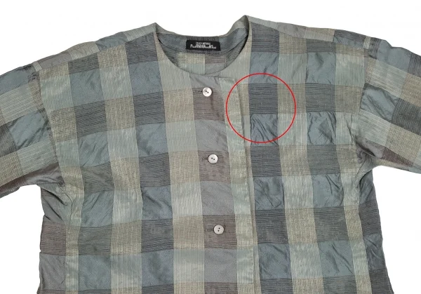 イッセイミヤケペルマネンテISSEY MIYAKEPERMANENTE シルクチェック織りノーカラーブラウス 緑M K-122456_003