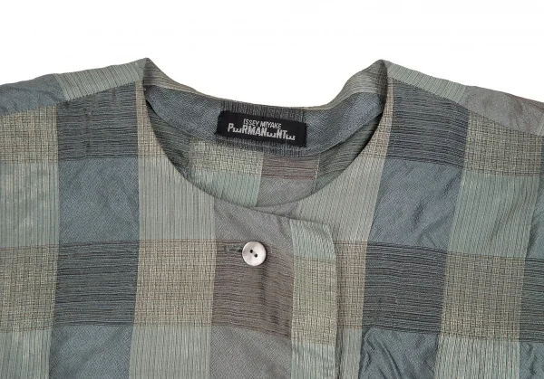 イッセイミヤケペルマネンテISSEY MIYAKEPERMANENTE シルクチェック織りノーカラーブラウス 緑M K-122456_005