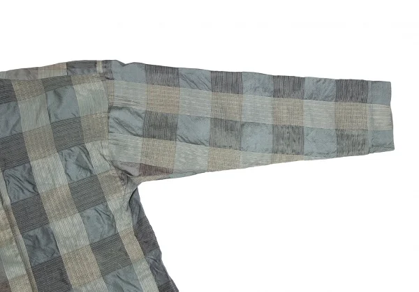 イッセイミヤケペルマネンテISSEY MIYAKEPERMANENTE シルクチェック織りノーカラーブラウス 緑M K-122456_007