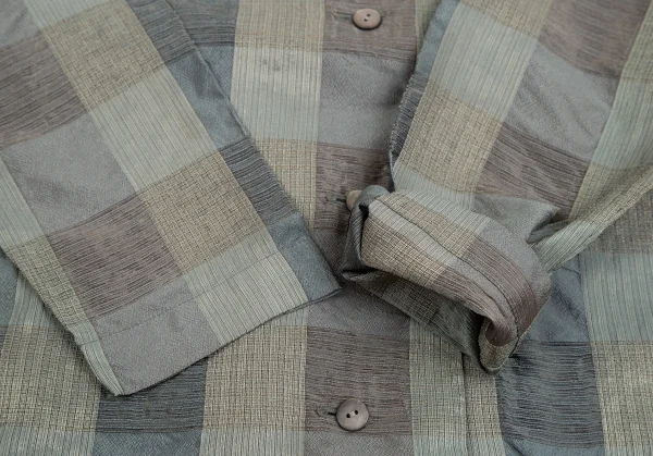 イッセイミヤケペルマネンテISSEY MIYAKEPERMANENTE シルクチェック織りノーカラーブラウス 緑M K-122456_008