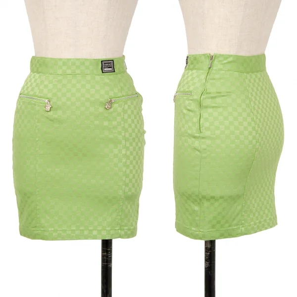 ヴェルサーチ ジーンズクチュールVERSACE JEANS COUTURE フロントジップストレッチチェッカーフラッグスカート 黄緑38 K-122474_001
