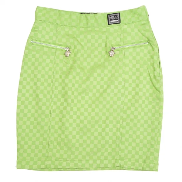 ヴェルサーチ ジーンズクチュールVERSACE JEANS COUTURE フロントジップストレッチチェッカーフラッグスカート 黄緑38 K-122474_002
