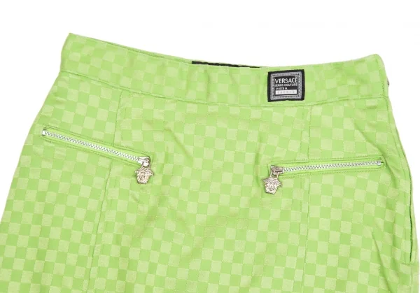 ヴェルサーチ ジーンズクチュールVERSACE JEANS COUTURE フロントジップストレッチチェッカーフラッグスカート 黄緑38 K-122474_003