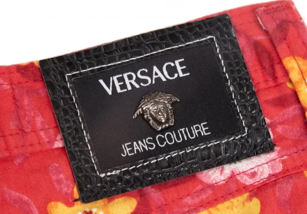 ヴェルサーチ ジーンズクチュールVERSACE JEANS COUTURE フラワープリントコットンテーパードパンツ ピンク黄38 K-122481_014