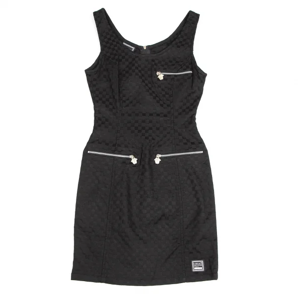 ヴェルサーチ ジーンズクチュールVERSACE JEANS COUTURE フロントジップチェッカーフラッグノースリーブミニワンピース 黒38 K-122485_002