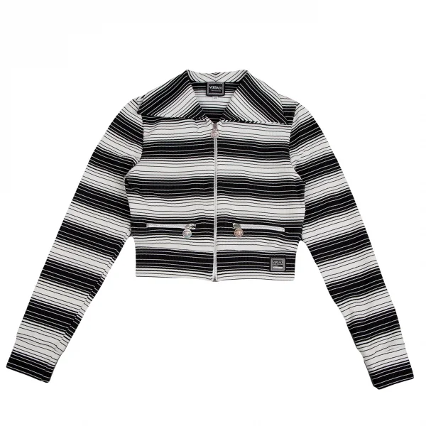 ヴェルサーチ ジーンズクチュールVERSACE JEANS COUTURE メデューサチャームジップデザインボーダーニットブルゾン 黒白XS K-122491_002
