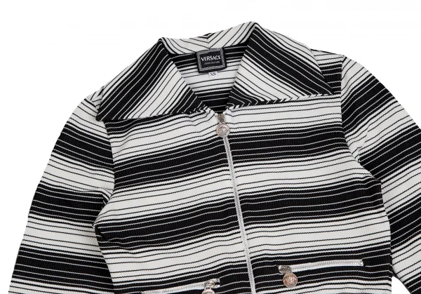 ヴェルサーチ ジーンズクチュールVERSACE JEANS COUTURE メデューサチャームジップデザインボーダーニットブルゾン 黒白XS K-122491_003