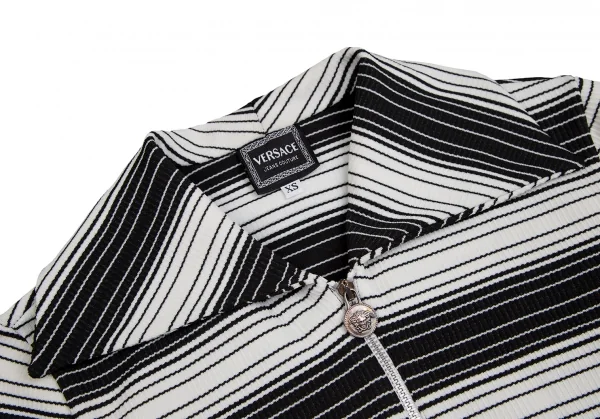 ヴェルサーチ ジーンズクチュールVERSACE JEANS COUTURE メデューサチャームジップデザインボーダーニットブルゾン 黒白XS K-122491_004