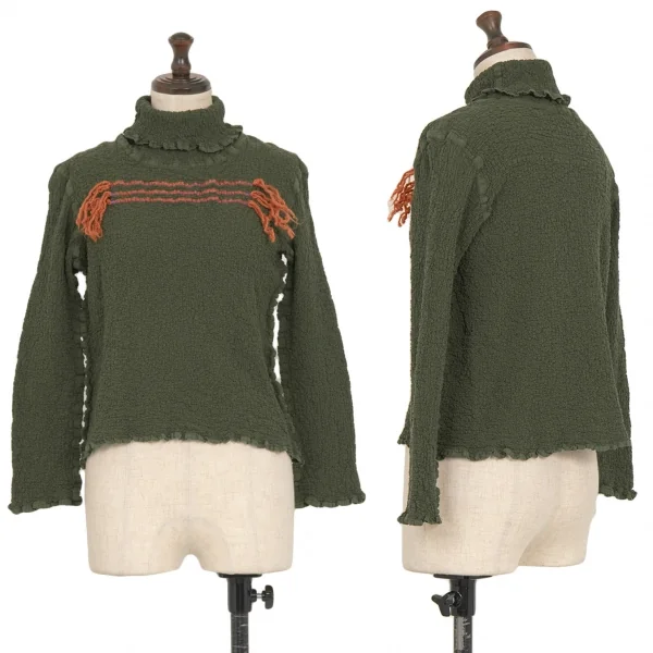 イッセイミヤケ ミーISSEY MIYAKE me フリンジステッチカリフラワータートルネックカットソー 緑F K-122518_001