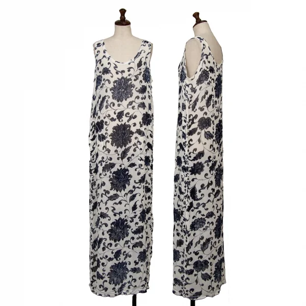 ヨウジヤマモト ファムYohji Yamamoto FEMME レーヨンフローラルプリントノースリーブワンピース 白紺S K-123189_001