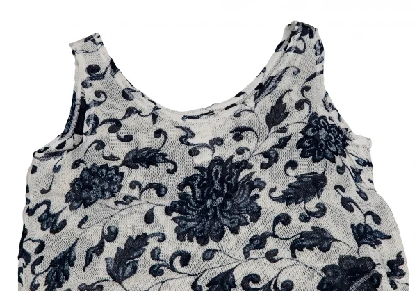 ヨウジヤマモト ファムYohji Yamamoto FEMME レーヨンフローラルプリントノースリーブワンピース 白紺S K-123189_003