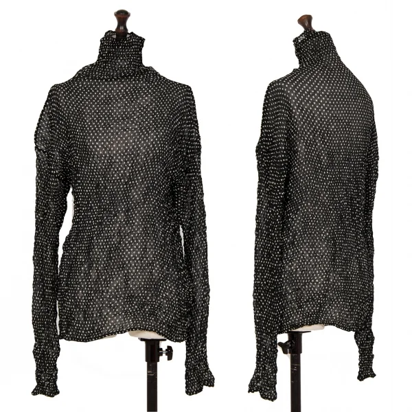イッセイミヤケISSEY MIYAKEドットプリントシースルーシワプリーツハイネックカットソー 黒白M K-123671_001