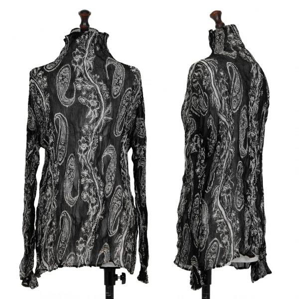 イッセイミヤケISSEY MIYAKEペイズリープリントシースループリーツハイネックカットソー 黒白M K-123672_001