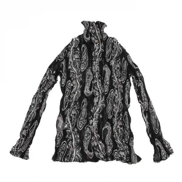 イッセイミヤケISSEY MIYAKEペイズリープリントシースループリーツハイネックカットソー 黒白M K-123672_012