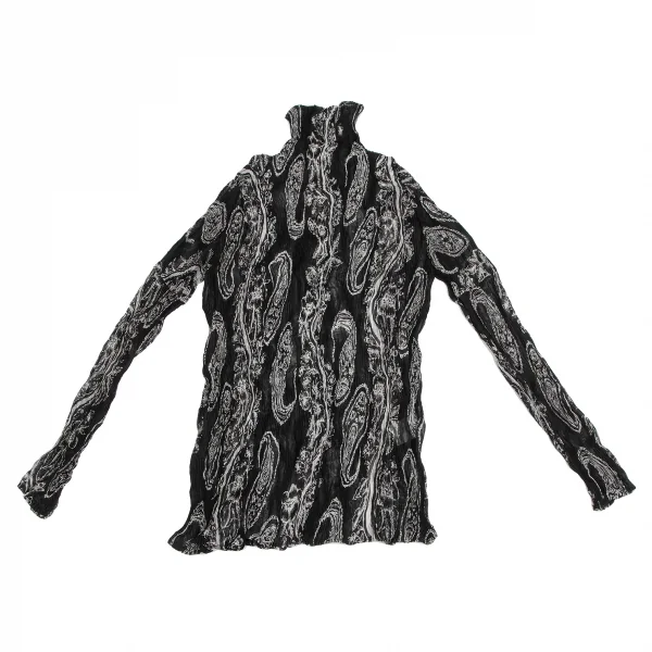 イッセイミヤケISSEY MIYAKEペイズリープリントシースループリーツハイネックカットソー 黒白M K-123672_002
