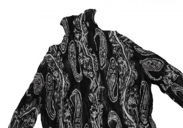 イッセイミヤケISSEY MIYAKEペイズリープリントシースループリーツハイネックカットソー 黒白M K-123672_003