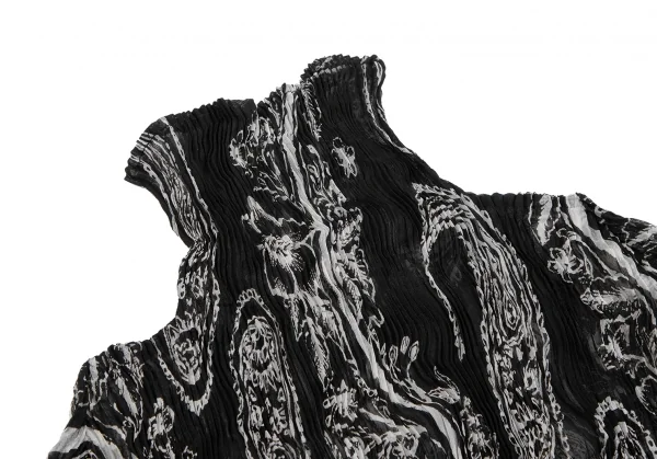 イッセイミヤケISSEY MIYAKEペイズリープリントシースループリーツハイネックカットソー 黒白M K-123672_004