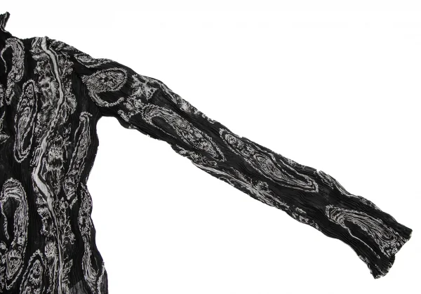 イッセイミヤケISSEY MIYAKEペイズリープリントシースループリーツハイネックカットソー 黒白M K-123672_006