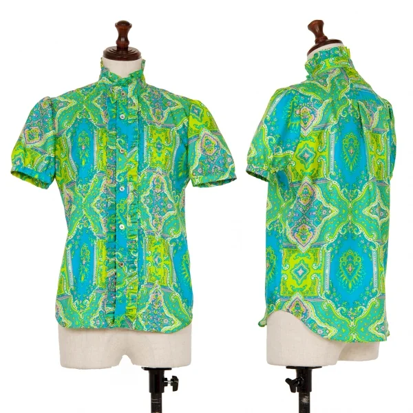 ジュンヤワタナベマンピンク コムデギャルソンJUNYA WATANABE MAN PINK COMME des GARCONS ペイズリーフリルスタンドカラー半袖シャツ 緑黄水色S K-123686_001