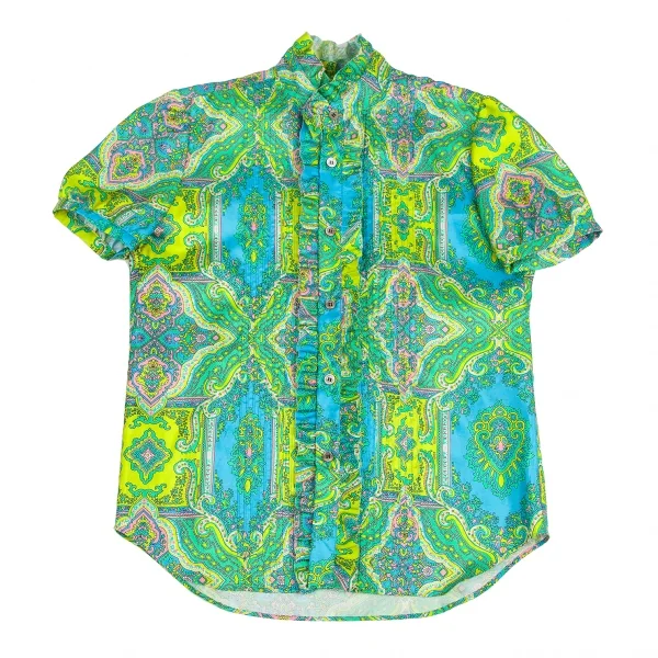 ジュンヤワタナベマンピンク コムデギャルソンJUNYA WATANABE MAN PINK COMME des GARCONS ペイズリーフリルスタンドカラー半袖シャツ 緑黄水色S K-123686_002