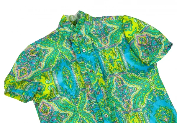 ジュンヤワタナベマンピンク コムデギャルソンJUNYA WATANABE MAN PINK COMME des GARCONS ペイズリーフリルスタンドカラー半袖シャツ 緑黄水色S K-123686_003