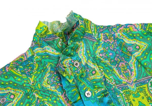 ジュンヤワタナベマンピンク コムデギャルソンJUNYA WATANABE MAN PINK COMME des GARCONS ペイズリーフリルスタンドカラー半袖シャツ 緑黄水色S K-123686_004