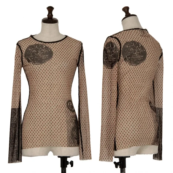 ジャンポールゴルチエ ファムJean Paul GAULTIER FEMME 総柄プリントパワーネットカットソー ベージュ黒40 K-123701_001