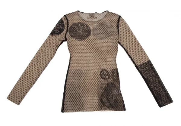 ジャンポールゴルチエ ファムJean Paul GAULTIER FEMME 総柄プリントパワーネットカットソー ベージュ黒40 K-123701_011
