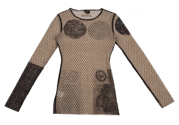 ジャンポールゴルチエ ファムJean Paul GAULTIER FEMME 総柄プリントパワーネットカットソー ベージュ黒40 K-123701_002