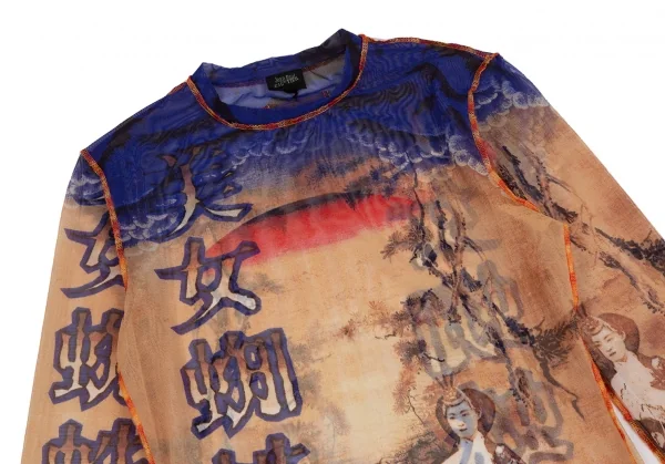 ジャンポールゴルチエ ファムJean Paul GAULTIER FEMME 美女蜘蛛プリントパワーネットカットソー ベージュ青40 K-123702_003