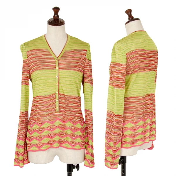 ミッソーニMISSONI ヘンリーネックグラデーションボーダーニットトップス 黄緑ピンクM位 K-123813_001
