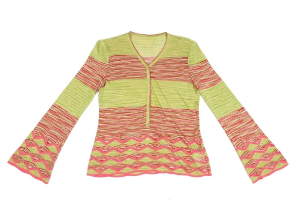ミッソーニMISSONI ヘンリーネックグラデーションボーダーニットトップス 黄緑ピンクM位 K-123813_002