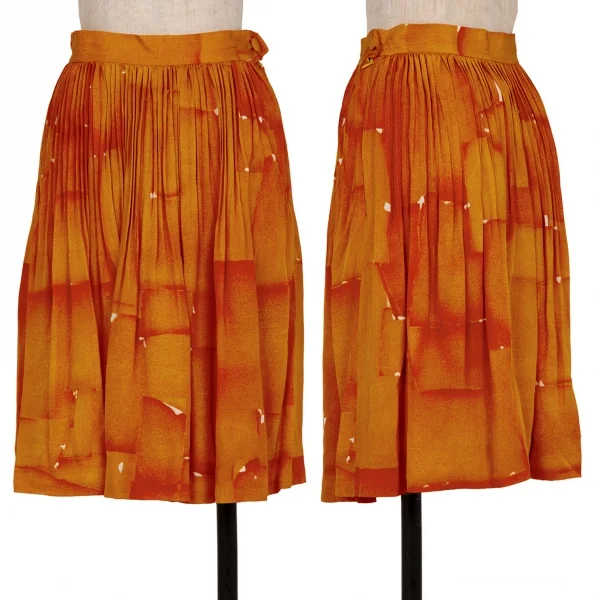 クリスチャン ラクロワChristian Lacroix リネン総柄プリントプリーツスカート オレンジ36 K-123887_001