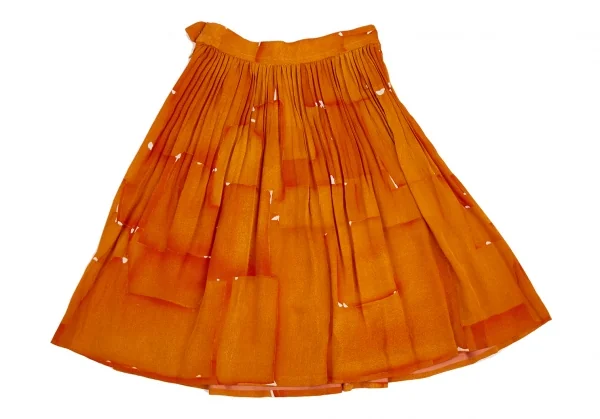 クリスチャン ラクロワChristian Lacroix リネン総柄プリントプリーツスカート オレンジ36 K-123887_010