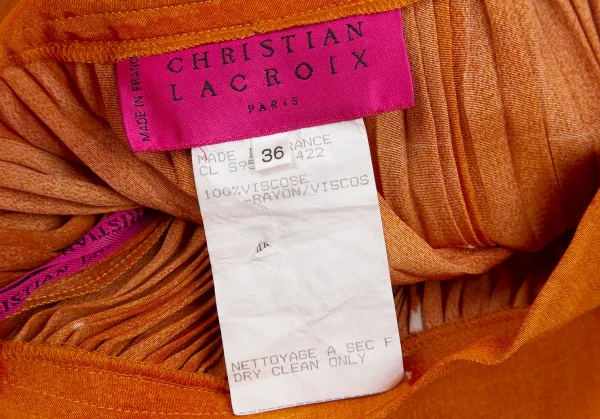 クリスチャン ラクロワChristian Lacroix リネン総柄プリントプリーツスカート オレンジ36 K-123887_013
