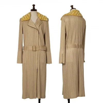 PLEATS PLEASE Detaching Boa Collar Motorcycle Long Coat
