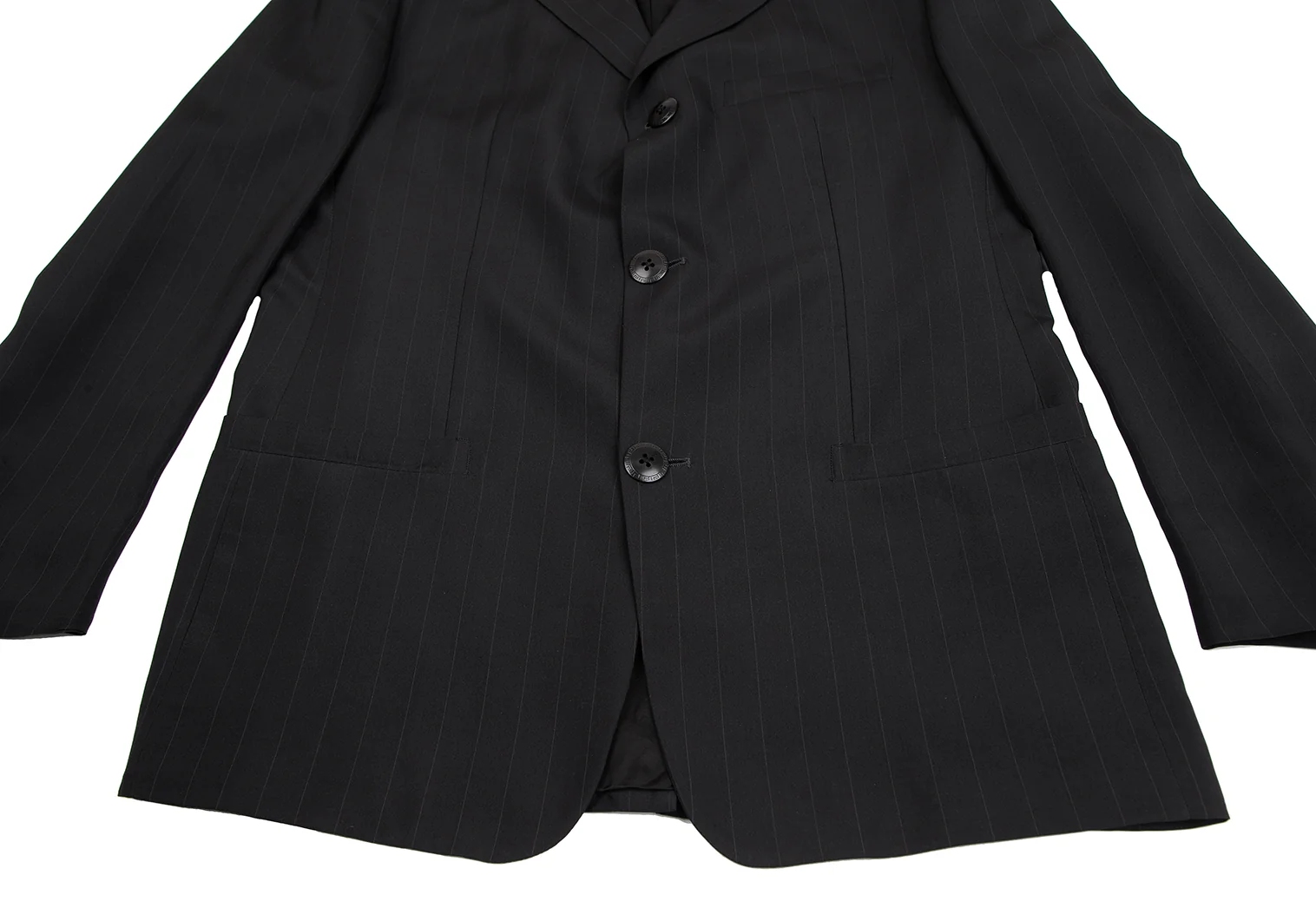 【特大】GIANNI VERSACE ダブル ストライプ ネイビー セットアップ 美品 ヴェルサーチ ダブル セットアップ ストライプ 黒に近い