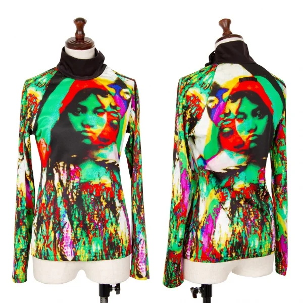 Jean-Paul GAULTIER FEMME Face Printed Neck Button T Shirt Green,Red 40 K-124503_001