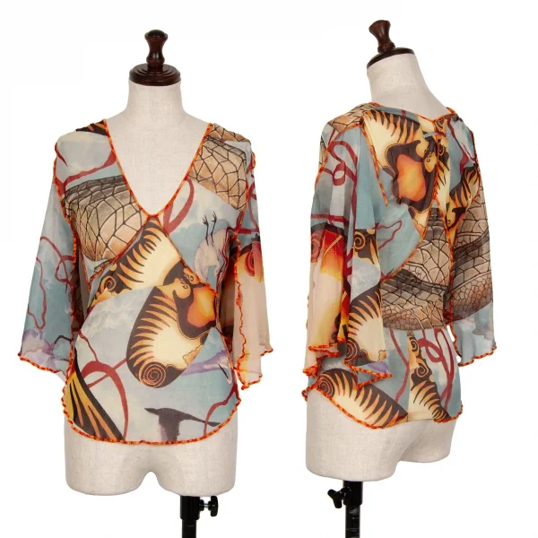 Jean-Paul GAULTIER FEMME Printed Mesh Scarf Sleeve T Shirt Orange,Sky blue 40 K-124848_001