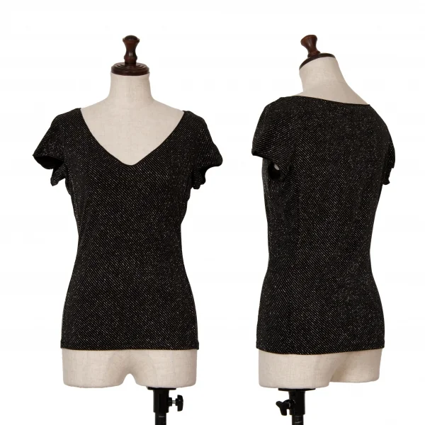 アルマーニコレツィオーニARMANI COLLEZIONI グリッターストライプフレンチスリーブTシャツ 黒42 K-124999_001