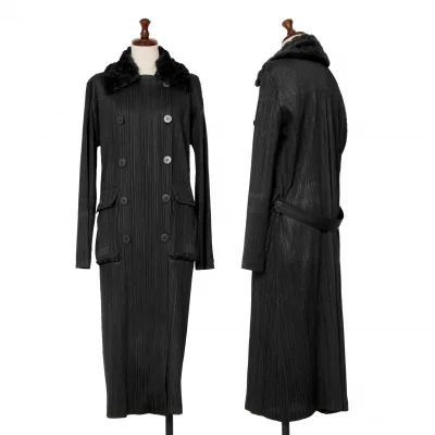 PLEATS PLEASE Detachable Fur Collar Pleated Double Coat