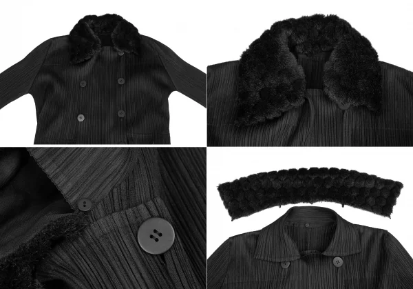 PLEATS PLEASE Detachable Fur Collar Pleated Double Coat K-125032_003