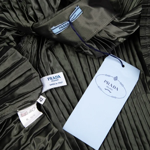プラダPRADA シャイニーシルクプリーツブラウス カーキ42 K-125164_016
