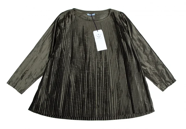 プラダPRADA シャイニーシルクプリーツブラウス カーキ42 K-125164_002